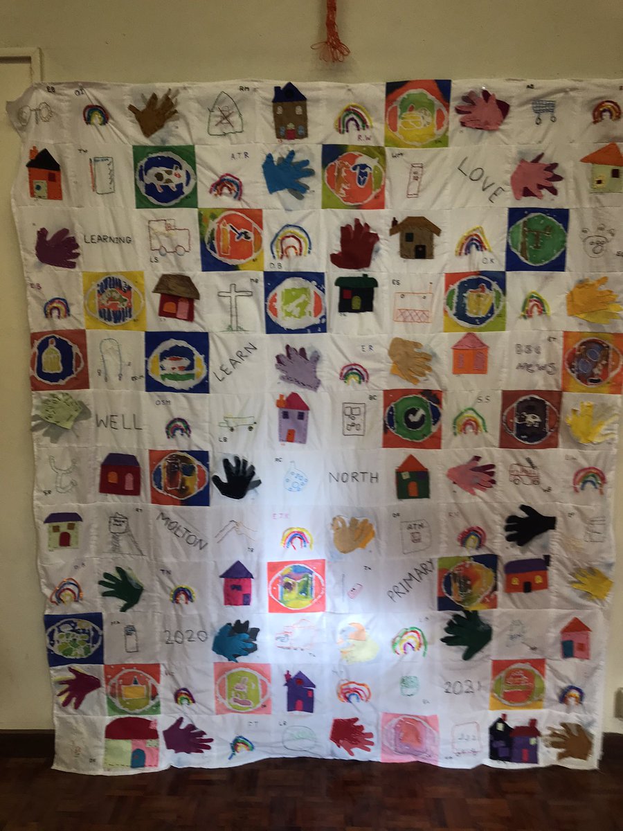 MoltonPrimary's tweet photo. NMPS have reflected on the past year using textiles. Each square is one child’s work about an aspect of these extraordinary times. #DayOfReflection https://t.co/gQo939MSSr