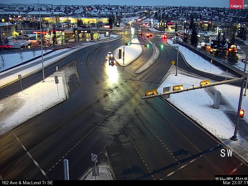 NewsRadioCGY's tweet photo. Good morning, #yyc!
We had spring in winter, now we get a little winter in spring. Road conditions vary significantly from dry to wet to slick/icy in sections. #drivesafe #yyctraffic #yycroads #abroads #snowthanks
(PIC: 162 Ave at Macleod Tr SE.) https://t.co/Q0oZR6BOAm