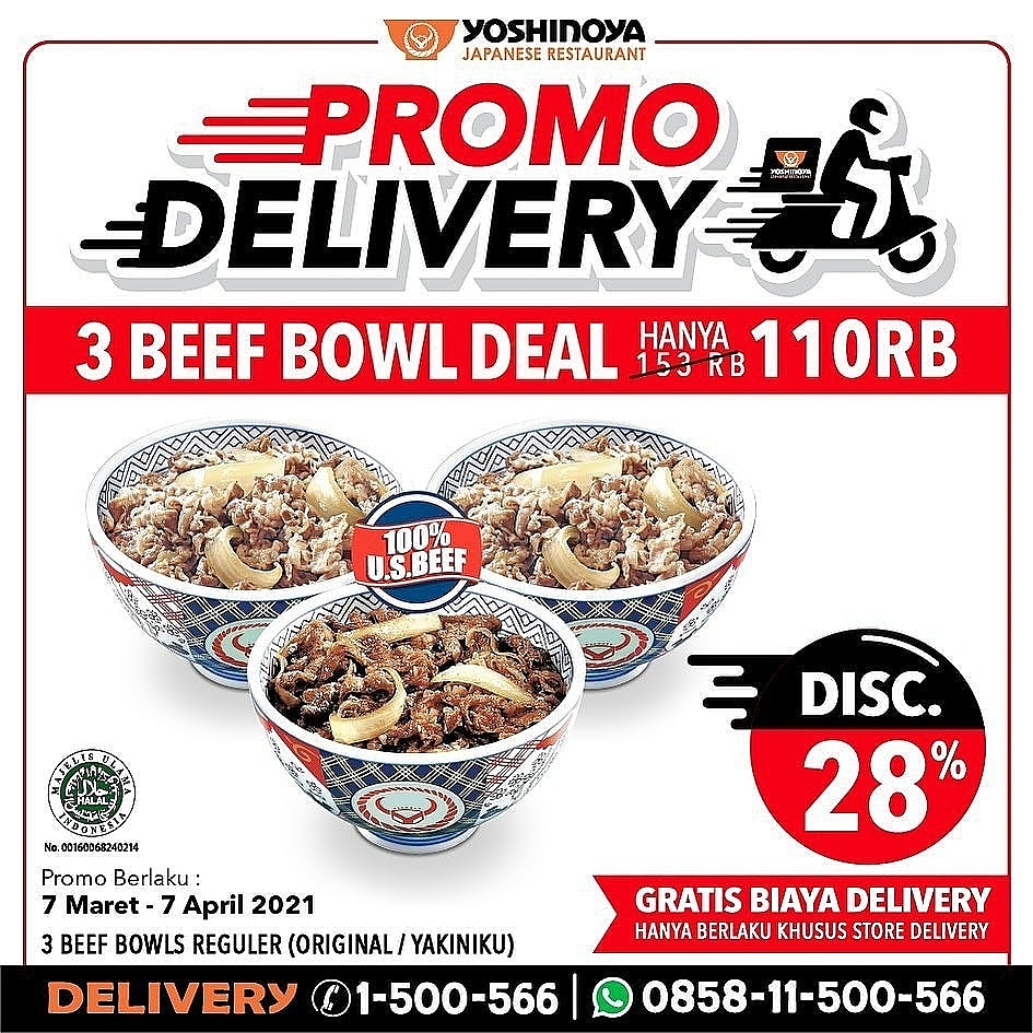 MallSuncity's tweet photo. Promo Delivery hadir lagi untuk kalian yang betah #DiRumahAja! 

Dapatkan PROMO DELIVERY 3 Beef Bowl Deal HANYA 110.000 aja, dari harga normal 153.000, murah banget kan guys, hemat hingga 33ribu!

 Promo berlaku 7 Maret - 7 April 2021.

🛵YOSHINOYA DELIVERY
📞1-500-566 https://t.co/Eg6b9llujZ