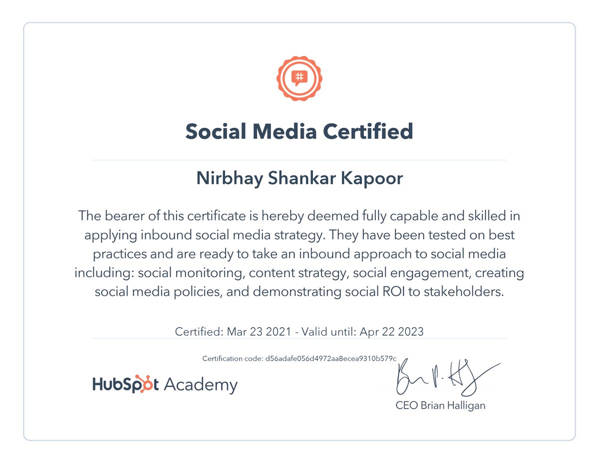 I just got my Social Media Certification from @HubSpotAcademy! 
#socialmediamanagers #socialmedia #socialmediamarketing #contentmarketing #certifiedcourses