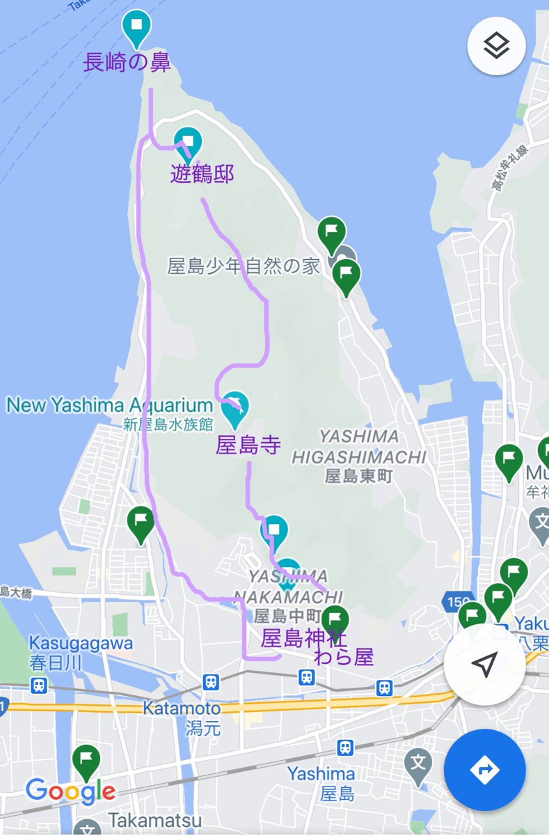 tanutanu70's tweet photo. 昨日のトレッキングは
屋島満喫ぐるっとコース♪
全部で13.5キロぐらい😇

屋島神社→ (お遍路道)→屋島寺
→遊郭亭→長崎の鼻
からの屋島の街中をひたすら歩いて、→わら屋でゴール！

植物観察したり途中お茶し���り、屋島山頂で瓦投げしたり、ゆっくり歩いて7時間。

大体のルート(紫色)↓ https://t.co/gCmRCEJ25Q