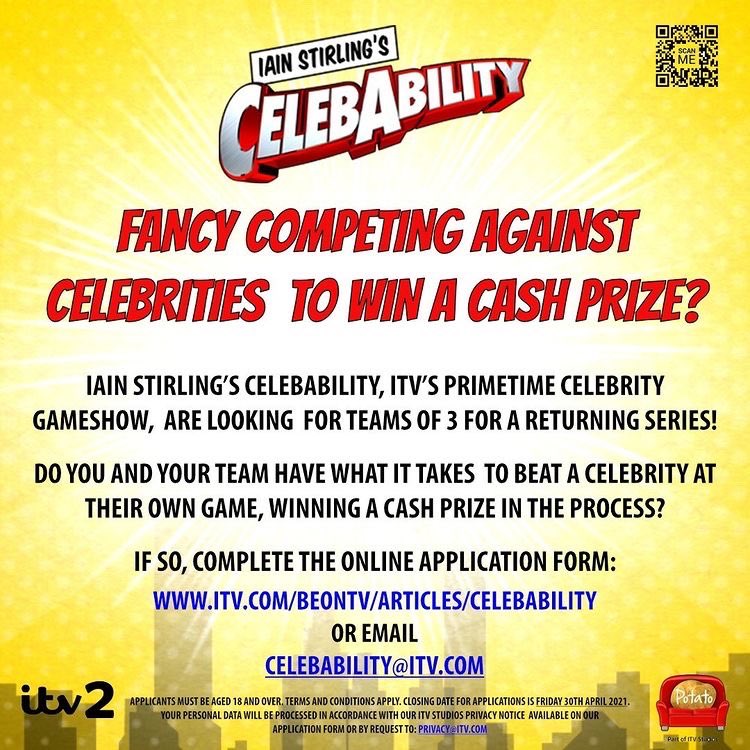 Iain Sterling's Celebability is back! We are looking for teams of 3 to take part. If you are fun, outgoing &amp; love to play fun games apply now!

#Celebability #celebs #tvshow #castingcall #takepart #tvcontestants #itv
