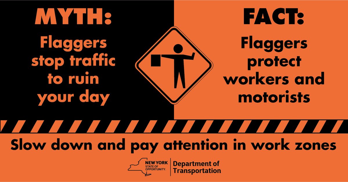 NYSDOT's tweet photo. Spring weather brings road construction. Expect to see our workers along the road and flaggers directing traffic.

Be patient and obey flagger directions as you would other traffic control signs and signals. Flaggers are keep the work zone safe for their coworkers and motorists. https://t.co/VQyacTd5nR