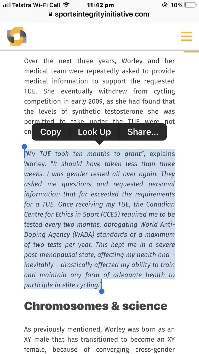 “My TUE took ten months to grant”, explains Worley. “It should have taken less than three weeks. I was gender tested all over again. They asked me questions and requested personal information that far exceeded the requirements for a TUE. 9-