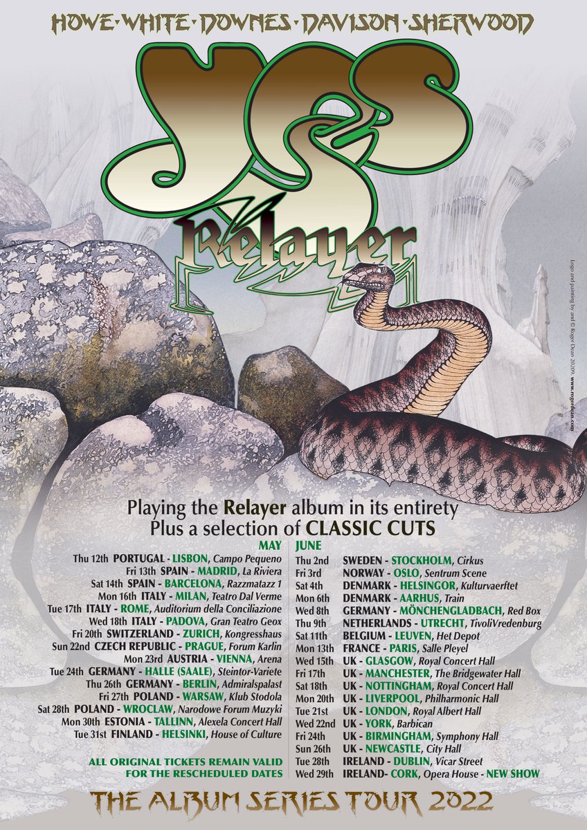 Due to COVID restrictions across Europe, and for everyone’s safety, we need to reschedule our forthcoming European and UK tour dates for 2022.

We have managed to reschedule shows in all cities apart from at the Rockhal in Luxembourg. 

Find out more at yesworld.com