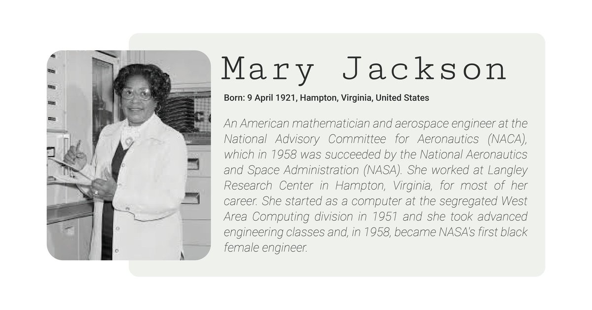 LaSalleEd's tweet photo. In honour of ♀️ #WomensHistoryMonth ♀️ we're sharing some of our favourite female mathematicians.

Our next favourite is Mary Jackson, who was the first African American female engineer to work at the National Aeronautics and Space Administration 🚀 https://t.co/UZGwDhqYaV