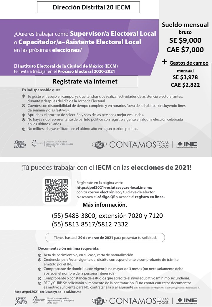 Distrito20IECM's tweet photo. ¿Quieres trabajar con nosotros? #ConvocatoriaIECM📢 | Trabaja como Supervisor Electoral Local o Capacitador Asistente Electoral Local para las #Elecciones2021🗳️
Regístrate del 𝟮𝟬 𝗔𝗟 𝟮𝟵 𝗗𝗘 𝗠𝗔𝗥𝗭𝗢 en:
👉🏻https://t.co/atLENu0d1a
#QuienSabeSabe #Distrito20IECM 🙋🙋‍♀️🙋‍♂️ https://t.co/uXXoGGBWIy