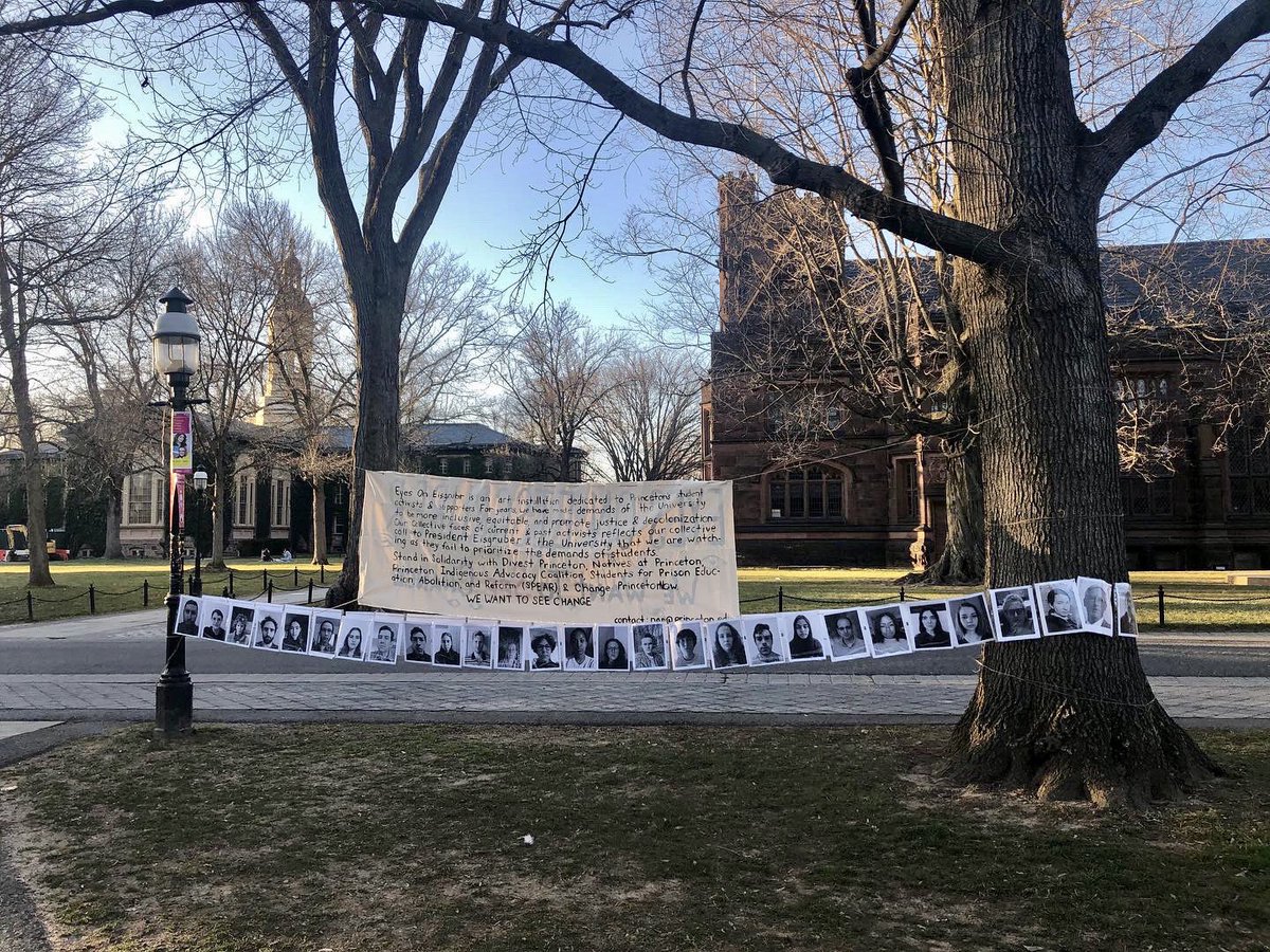 ChangePtonNow's tweet photo. Eyes on Eisgruber is an art installation dedicated to Princeton’s student activists and supporters. For years, we have made demands of the University to be more inclusive, equitable, and promote justice and decolonization. https://t.co/UeCYiBeJO8