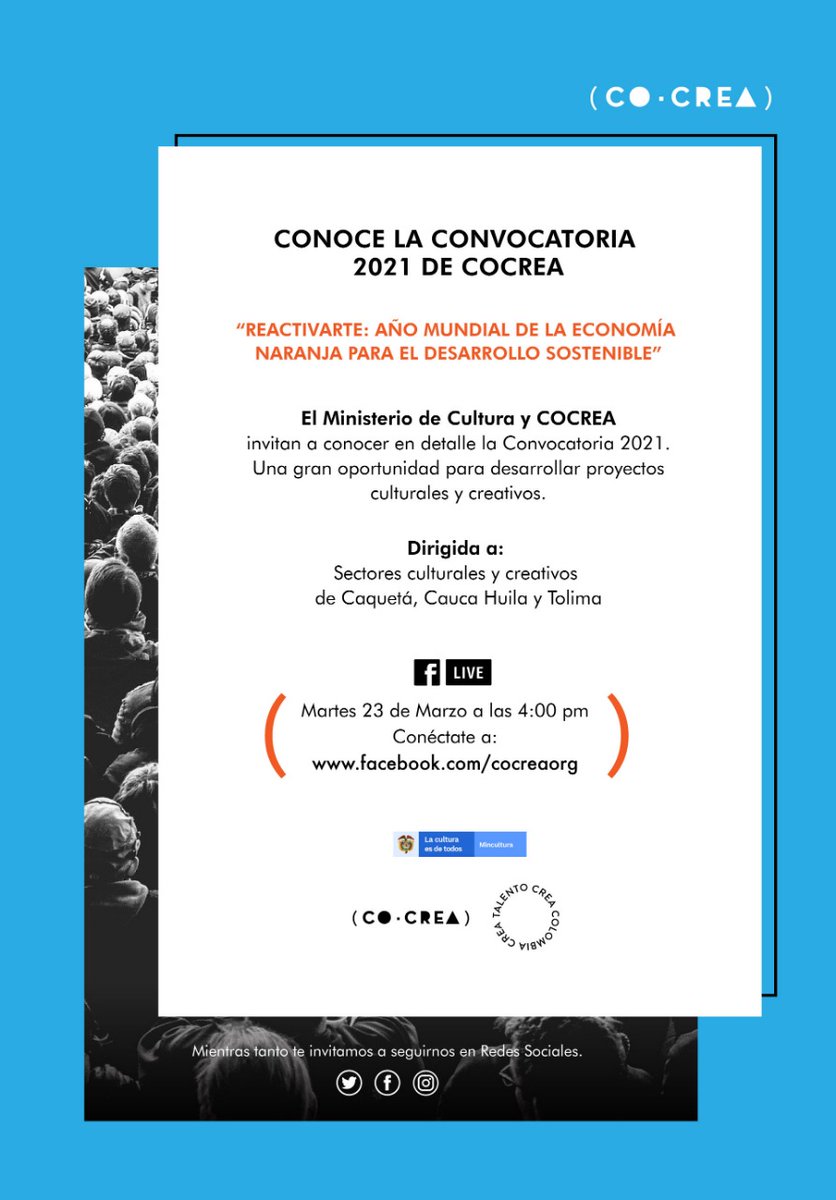La convocatoria CoCrea es una oportunidad para llevar a cabo proyectos culturales que impacten al sector audiovisual, sonoro y digital. Para más información pueden consultar cocrea.com.co/convocatoria

Hoy martes 23 de marzo a las 4:00 p.m. facebook.com/cocreaorg
<a href="/CocreaOrg/">COCREA</a>