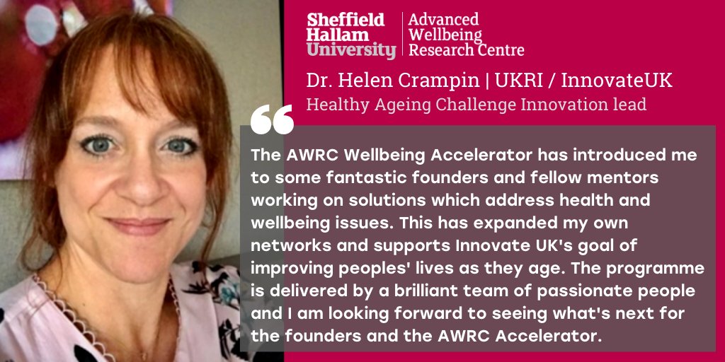SHU_AWRC's tweet photo. Dr Helen Crampin @InnovateUK is a huge supporter of the #AWRCWellbeingAccelerator and has provided fantastic mentorship to our founders. Helen is the Innovation Lead for the Healthy Ageing Challenge, which you can read more about here https://t.co/zFMx6szD42 #research #innovation https://t.co/gUslzXHL62