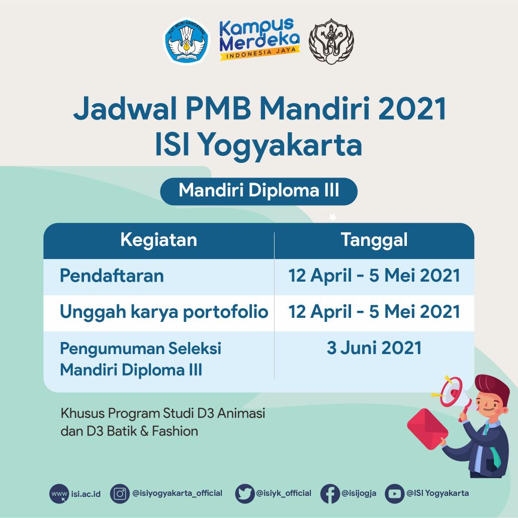 isiyk_official's tweet image. Hai calon mahasiswa ISI Yogyakarta...
Yuk cek jadwal Penerimaan Mahasiswa Baru (PMB) Jalur Mandiri (Diploma 3) ISI Yogyakarta Tahun 2021 khusus Prodi D3 Animasi dan D3 Batik&amp;amp;Fashion.

Sumber:
 pmb.isi.ac.id

#PMB2021
#MandiriISIYK
#ISIYOGYAKARTA
