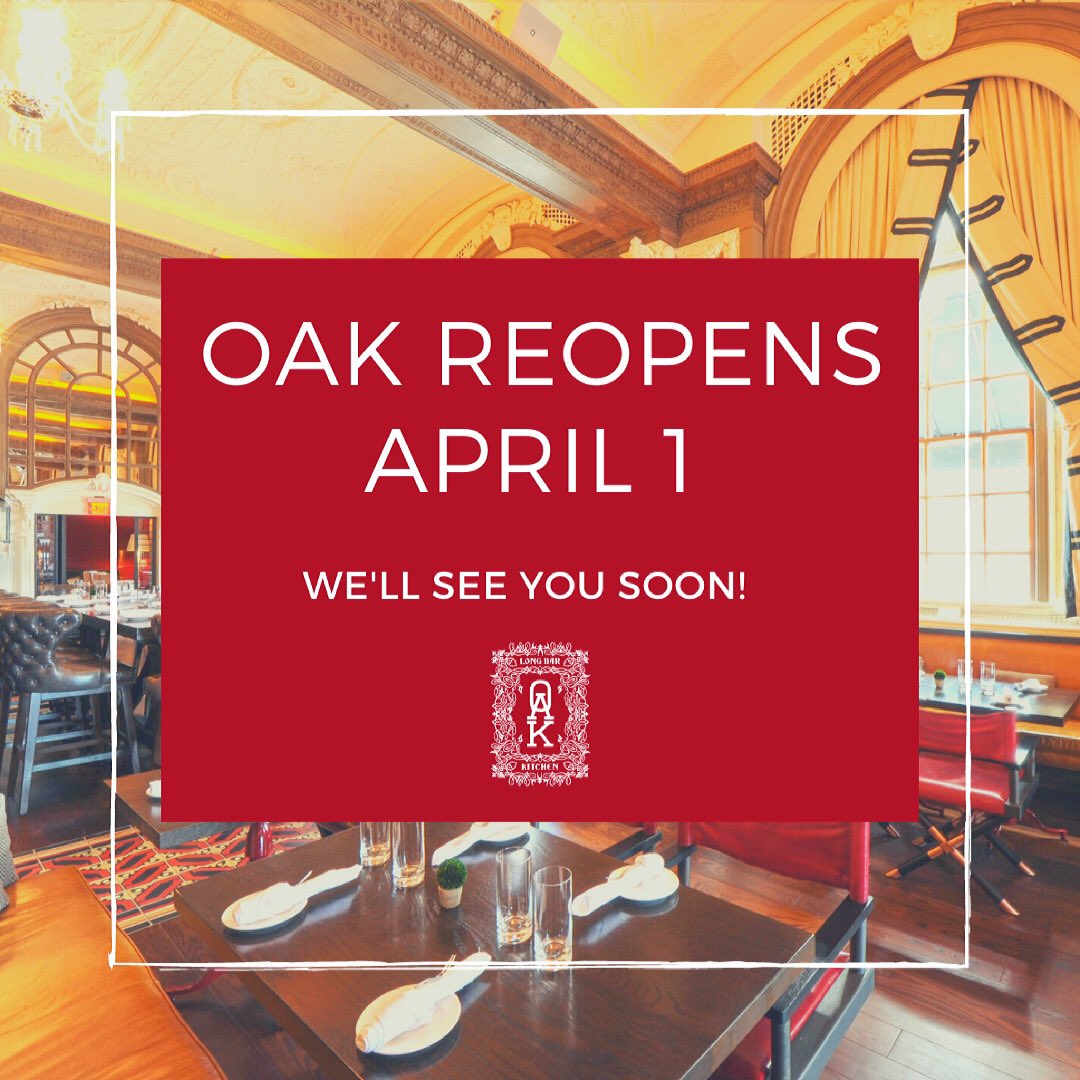 OakLBK's tweet photo. We’re almost back! Starting 4/1 we’ll be open daily (7am to 10pm) for seating inside and on the patio. And because we know this is your next question: YES, limited bar seating will be available 🥃 Expect refreshed menus, new cocktails &amp; a brand new weekend Brunch. Stay tuned! https://t.co/aqF4khxzMe