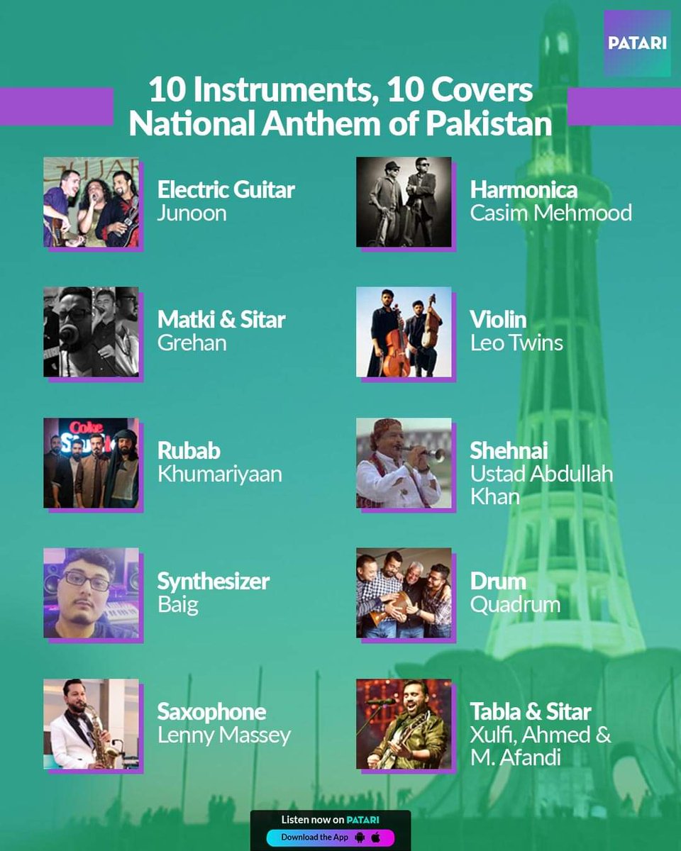 (1/2) On this #PakistanDay. Let’s listen to the 10 covers of #NationalAnthem of Pakistan by different instruments.🇵🇰 💚

Featured Artists: <a href="/OfficialJunoon/">Junoon▫️</a> #CasimMehmood #Grehan #LeoTwins <a href="/Khumariyaan/">Khumariyaan</a> #UstaadAbdullahKhan #Baig #Quadrum #LennyMassey #ZulfiqarJabbarKhan