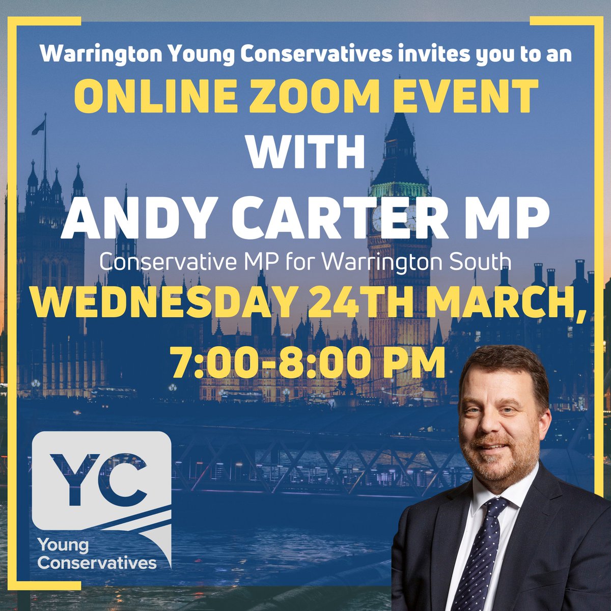 Warrington_YC's tweet photo. we are delighted to be joined by 
@MrAndy_Carter MP for the next instalment of Careers in Politics

➡️Learn about Andy's path into politics and what he now does
🔷Learn about other careers in Politics
🎟️Grab your free ticket here 👇
https://t.co/Ver8BnM6JO https://t.co/YQVzPaag6z