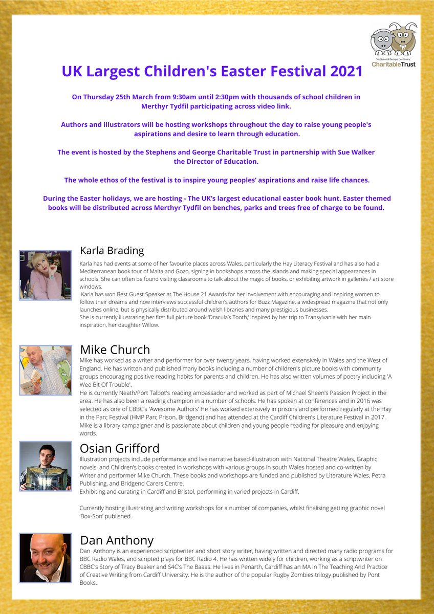 Thursday 25th March, Stephens and George Charitable Trust are hosting a virtual, Easter Educational Festival. With thousands of children from 17 #MerthyrTydfil schools participating.  Our aim is to raise aspirations and life chances of young people. <a href="/childcomwales/">Comisiynydd Plant | Children's Commissioner Wales</a>