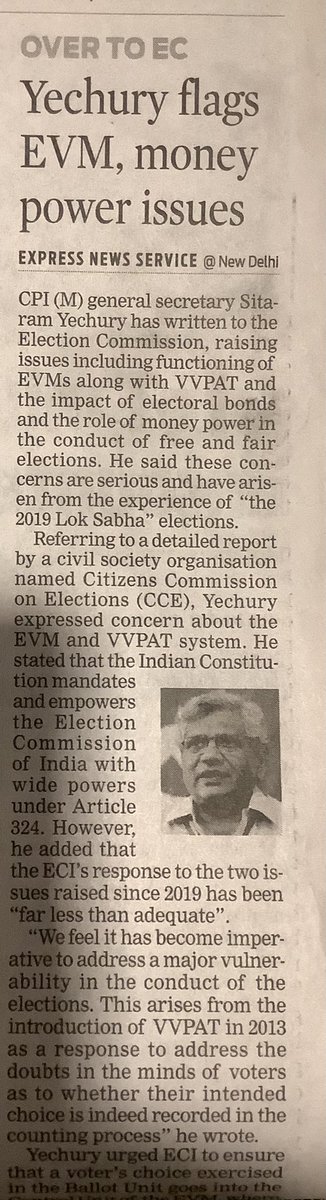 VikramKMalkani's tweet photo. It’s the same story election after election. Each time the Opposition’s frightened of election results, the #EVM rant begins. When EC offered to demonstrate its functioning years ago, none of them showed up! @SitaramYechury https://t.co/jLwCX3wnI1