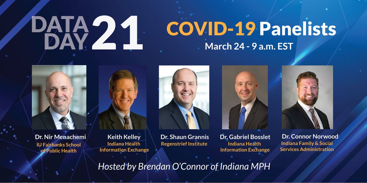 We're excited to hear from these panelists tomorrow at our Data Day Virtual Event talking #COVID19: <a href="/gbosslet/">Gabriel Bosslet</a> <a href="/shaun_grannis/">Shaun Grannis</a> <a href="/NorwoodPhD/">Dr. Connor W Norwood</a>, Nir Menachemi (<a href="/FSPH_IU/">Fairbanks School of Public Health</a>) + Keith Kelley (<a href="/IndianaHIE/">Indiana HIE</a>). 

Join the March 24 livestream: on.in.gov/DataDay1