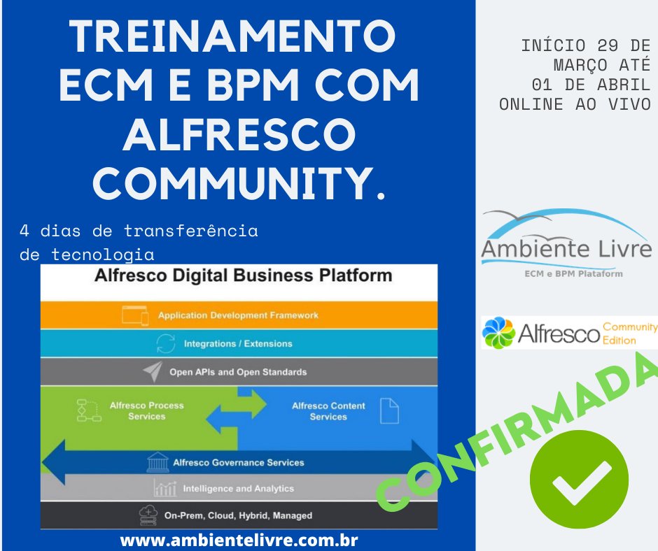 Treinamento Alfresco confirmado! Últimas Vagas, venha conhecer  Solução open source que mais ajudou as empresas na inovação digital em 2020 em Processos e Gestão Documental.
Saiba mais no link : ambientelivre.com.br/.../alf.../fun…
#alfresco #ecm #bpms #workflow