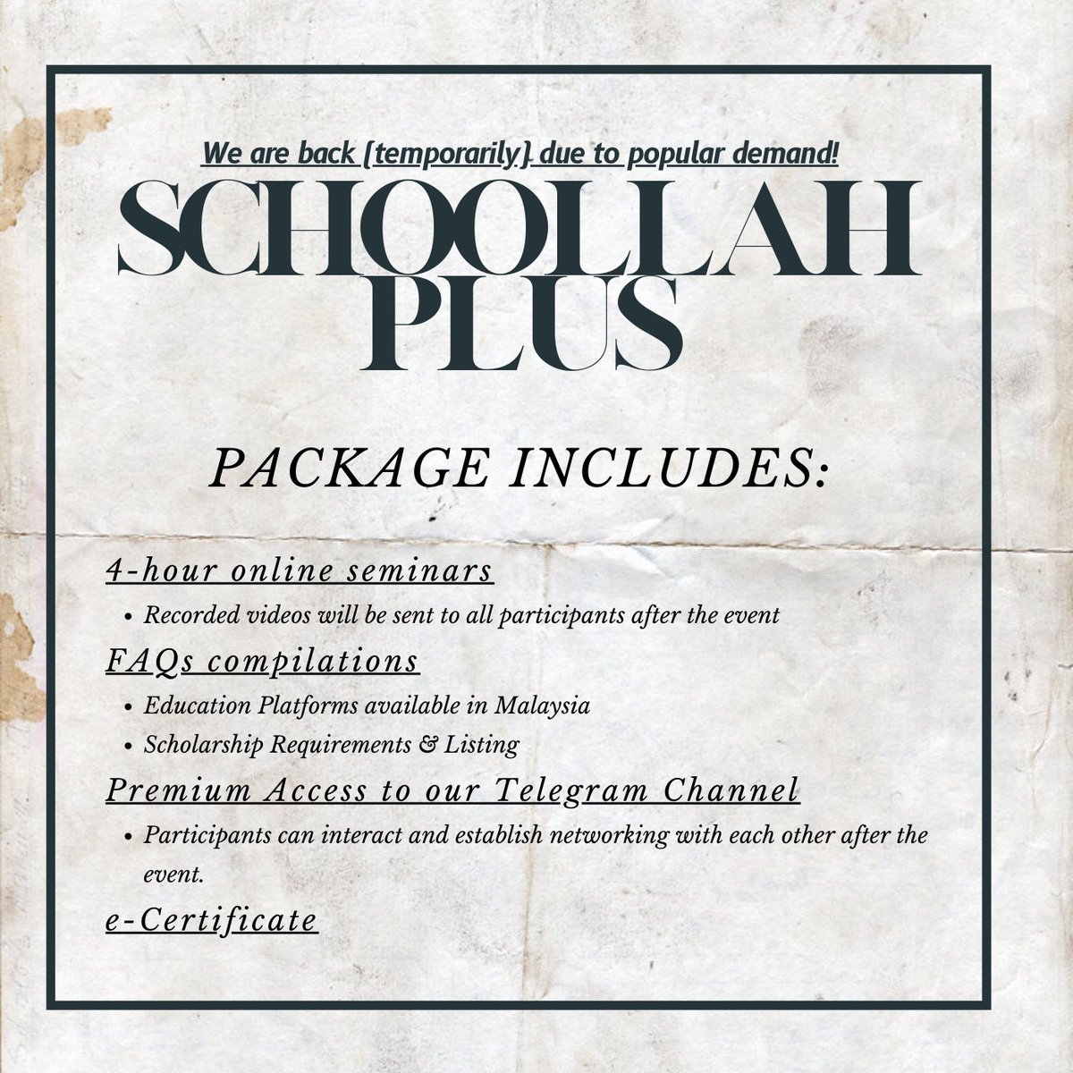 The budget-friendly price list for this Saturday's webinar is out!

Be sure to register with your friends to get cheaper price &amp; do not forget to swipe left to see the benefits that you will get, alongside the speeches itself from our speakers.

Register - bit.ly/SchoollahPlus