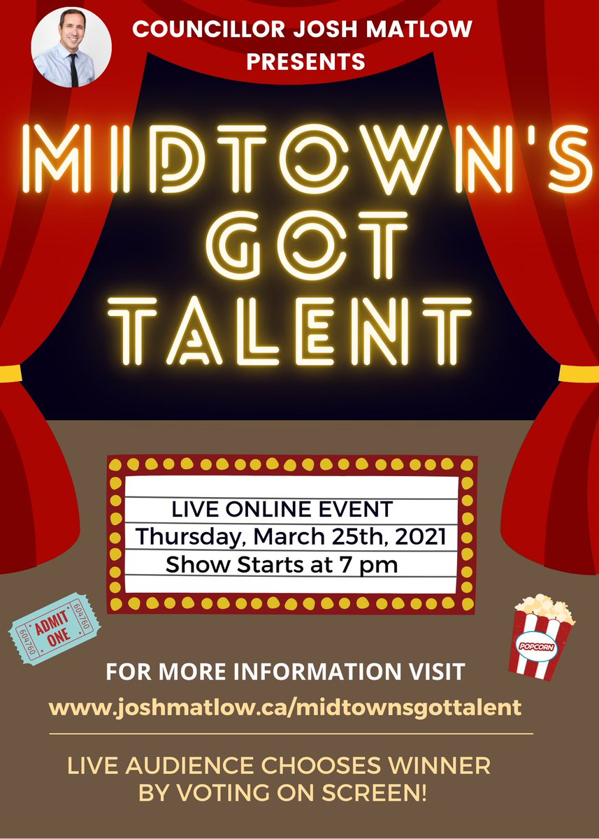 Let’s come together as a community in a safe and fun way! Come watch your friends and neighbors share their talents- and vote for your favorite performances! Midtown’s Got Talent starts at 7PM this Thursday, March 25th. Visit joshmatlow.ca/midtownsgottal…