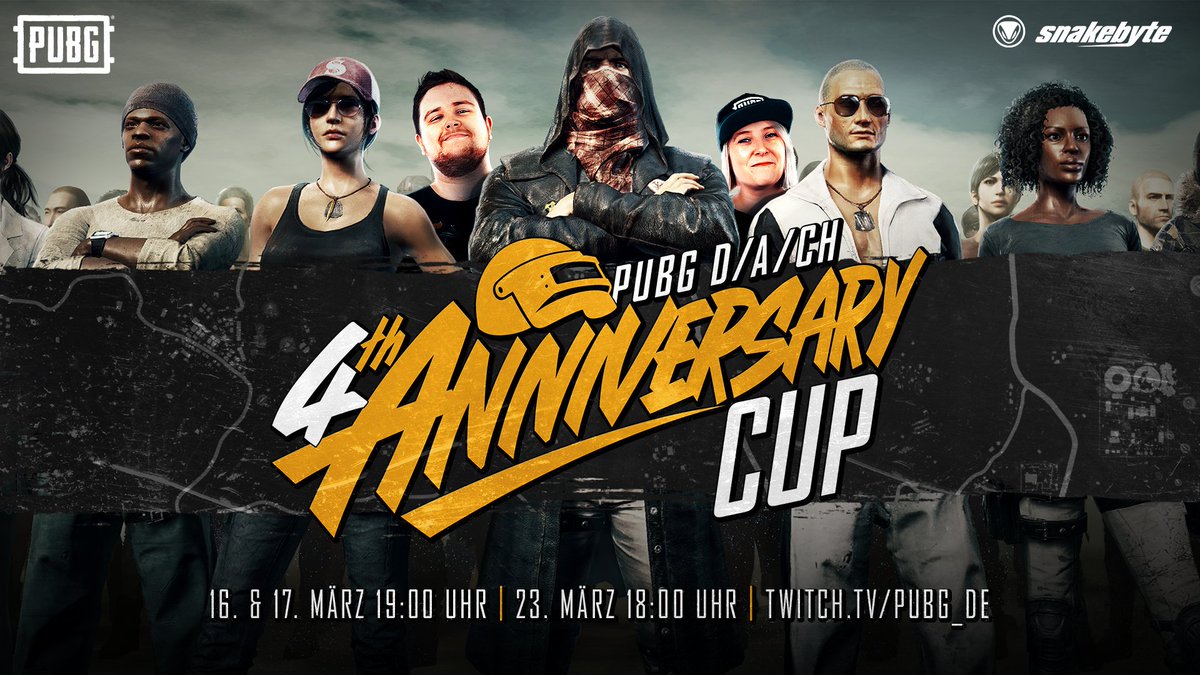 PUBG_DE's tweet photo. Wer wird Sieger?🏆
16 Squads | 4 Matches 

Wir blicken zurück auf #4JahrePUBG &amp; laden euch herzlich ein, beim Eröffnungs-Community-Match mitzumachen &amp; Hardware von @snakebyte abzustauben!

Jetzt einschalten!
📺https://t.co/cbyX7j1Oub https://t.co/lQkWZBA7Nj