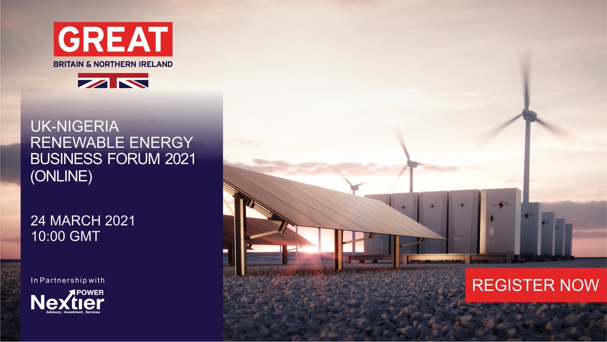 You're cordially invited to the UK-Nigeria renewable energy business forum 2021 (online).

Join us tomorrow at 11am (WAT) by registering here: eu.eventscloud.com/ehome/index.ph…