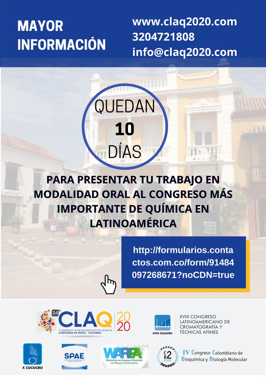 SOCOLQUIM's tweet photo. Postula tu trabajo de investigación en modalidad oral en el CLAQ 2020 y en sus congresos simultáneos.
La fecha de cierre es en 10 días!
visita nuestra página web https://t.co/FCI0itcs63
#yovoyalclaq #COLACRO #C2B2 #SPAE https://t.co/t5i45MsoIW