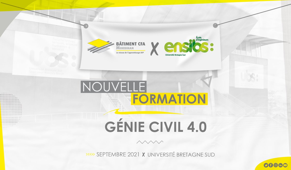 Le Bâtiment CFA Morbihan et l'@ENSIBS ouvrent en collaboration une toute nouvelle formation dès septembre 2021 ! La formation Génie Civil 4.0 sur le site de Lorient. 😉

Pour en savoir + sur la formation 👉ensibs.fr/gc

Pour se préinscrire 👉 bit.ly/3vNpc0Z