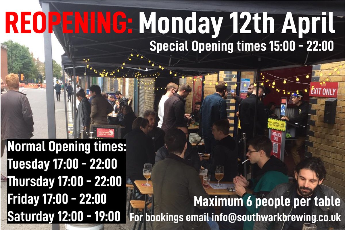 southwarkbeer's tweet photo. We are pleased to announce that we will be opening the Tap Room on Monday 12th April in special celebration of the start of ending Lockdown #craftbeer #craftpub #caskale #craftale #craftaleuk #beerporn https://t.co/ITfSdCkYch
