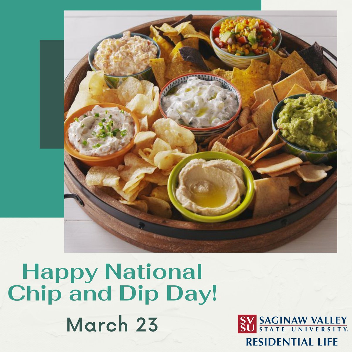 Did you know that today is National Chip and Dip Day? Now that you do know...are you planning on celebrating? What is your favorite chip and dip combo? #NationalChipandDipDay #SVSUResLife #svsu
