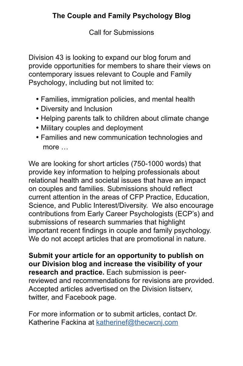 Call for short article submissions! Topics relevant to Couple and Family Psychology. For more info, see the attached flyer and email katherinef@thecwcnj.com to submit! #APA #APAdivision43 #blog #CFP