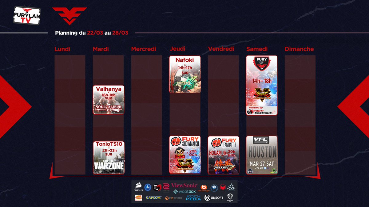 FuryVS_'s tweet photo. #FuryLanTV [Mars] Dernière ligne droite :)

🛑 #FuryShowmatch- #SFVCE 
🛑 #TeamBattle- #Tekken7
🥊 #VFC17- #UFC4 
🆚#FuryCup- #SFVCE

📺 Rejoins notre WebTv
https://t.co/E5uBCHNcQX
⚔️ Rejoins notre commu
https://t.co/TidpBNNprt
_
#FGC #GuiltyGear #SC6 #SFV https://t.co/y5UJay60Ch