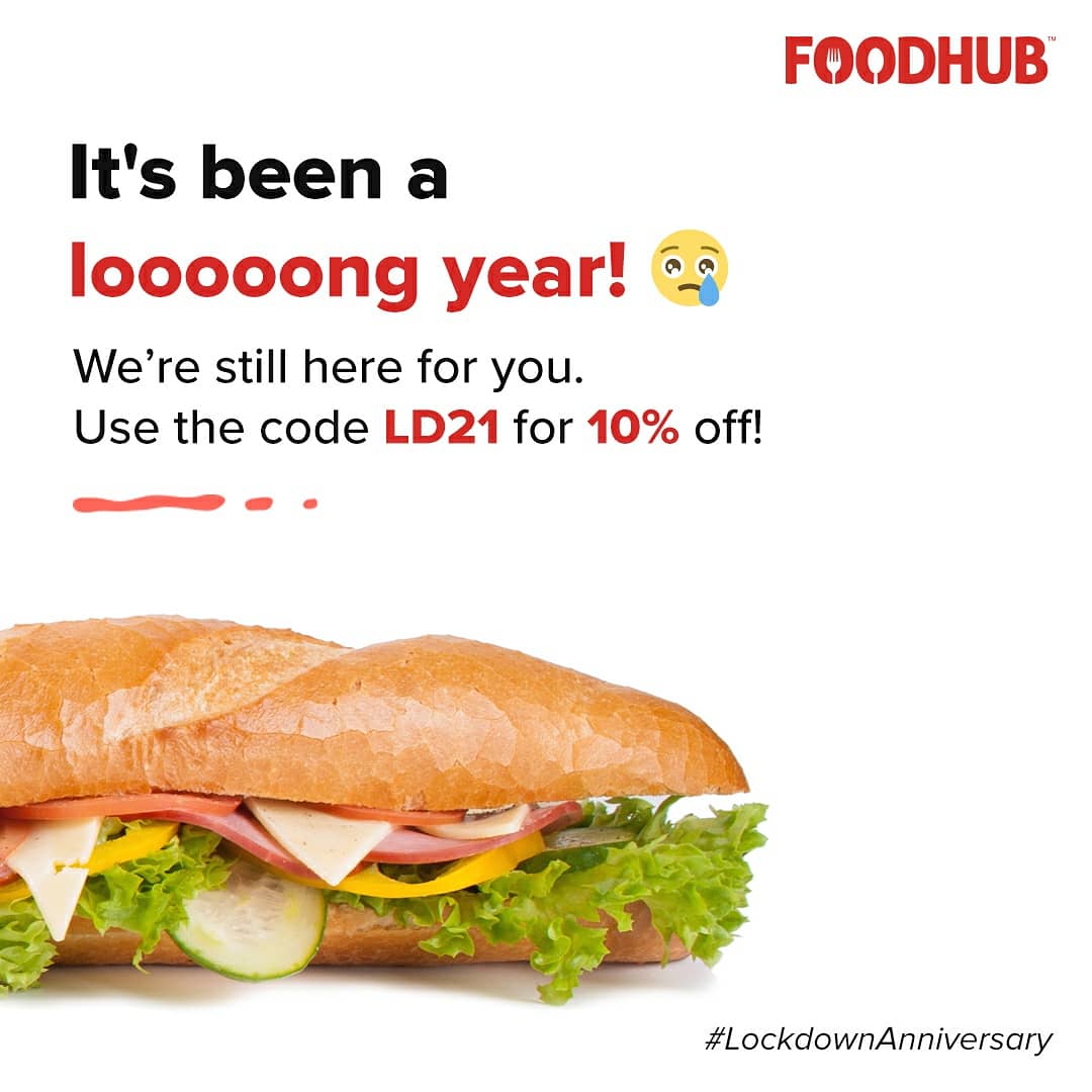 We've come a long way from 2020, and we all deserve a break. Use the code LD21 and get 10% off your takeaway order. For full T&C's: bit.ly/2QnPQNs #LockdownAnniversary #2020  #2021 #FoodLovers #OrderFood #Giveaway #Takeaway #Foodhub