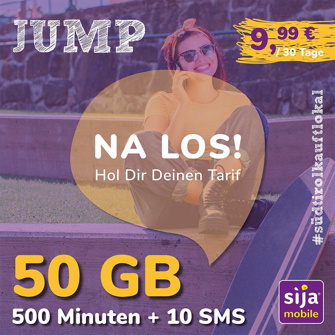 ‼️NA LOS‼️
Die verlängerte Aktion des Jump Tarifs wird bald enden.😲 Schnapp dir das Sorglos-Paket für Dein Handy.📲
Hol Dir Deinen Jump Tarif bei einem unserer Partner!✌️
#sijamobile #jumptarif #südtirolkauftlokal
👉sija.it/jump-tarif/👈