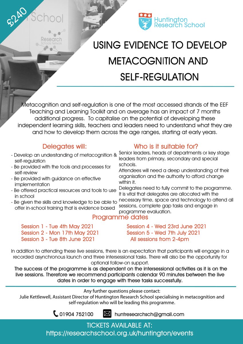 We can’t wait to start our METACOGNITION AND SELF-REGULATION programme in just one week, but it’s not too late to join us. Click here to book your place now… 

researchschool.org.uk/huntington/eve…