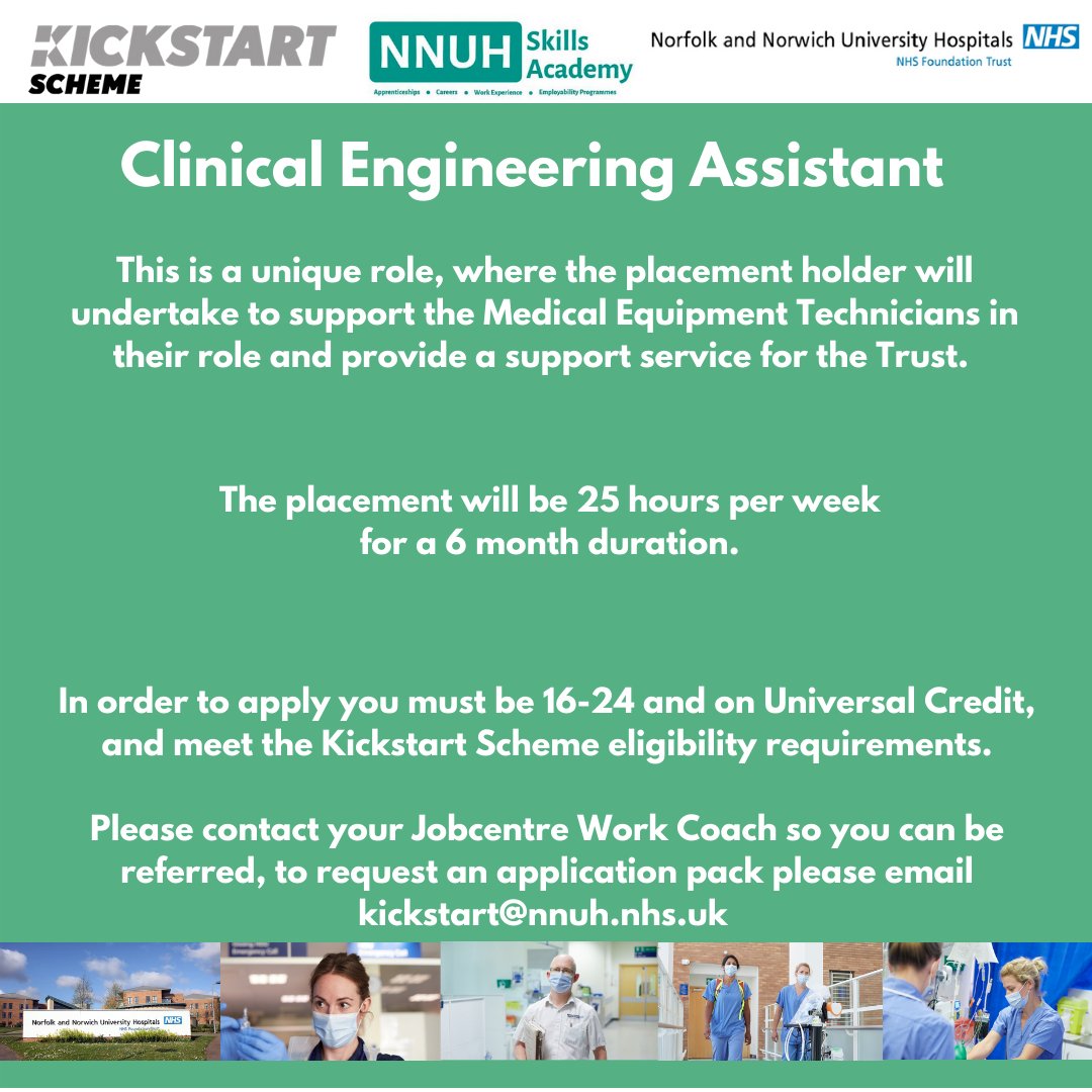 Have you ever considered a career in Clinical Engineering?

Why not apply for our <a href="/NNUH/">Norfolk and Norwich University Hospitals</a> #Kickstart Clinical Engineering Assistant Placement?

A unique role, perfect for anyone looking to "kickstart" their career in the Clinical Engineering world!

<a href="/DWP/">DWP</a>