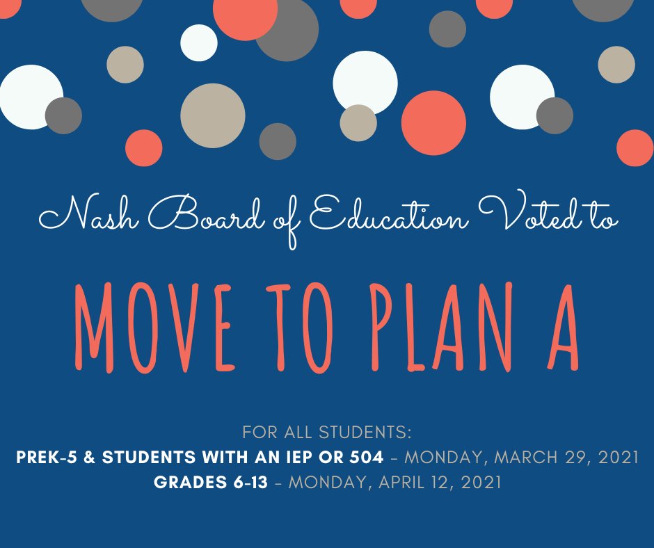 NRMEarlyCollege's tweet photo. The Nash County Board of Education voted to move all students who are in person, to Plan A. For high school this begins on Monday, April 12, 2021. ECHS will run on regular hours, with dismissal being at 4:30pm. https://t.co/HFk85O4DFP