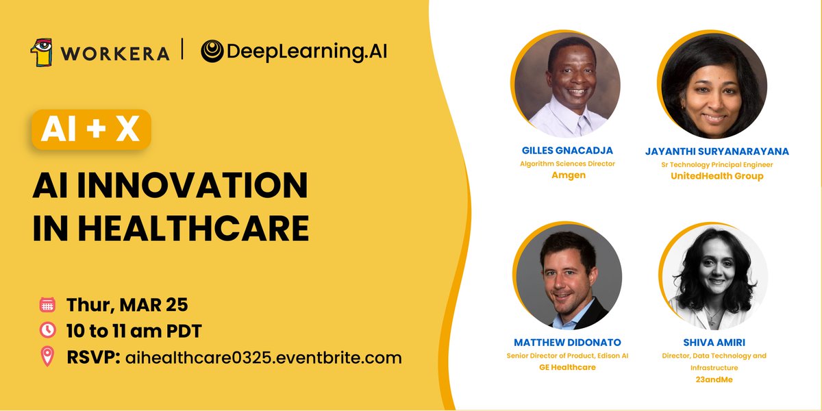 workera_'s tweet photo. Only 2 days left to register for #Workera's AI+X expert panel in partnership with @DeepLearningAI_: AI Innovation in Healthcare: https://t.co/mogkfdh78q
Join our founder @kiankatan & speakers discuss the highlights & challenges of using #AI to accelerate #healthcare #innovation. https://t.co/1KyAxlRIL1