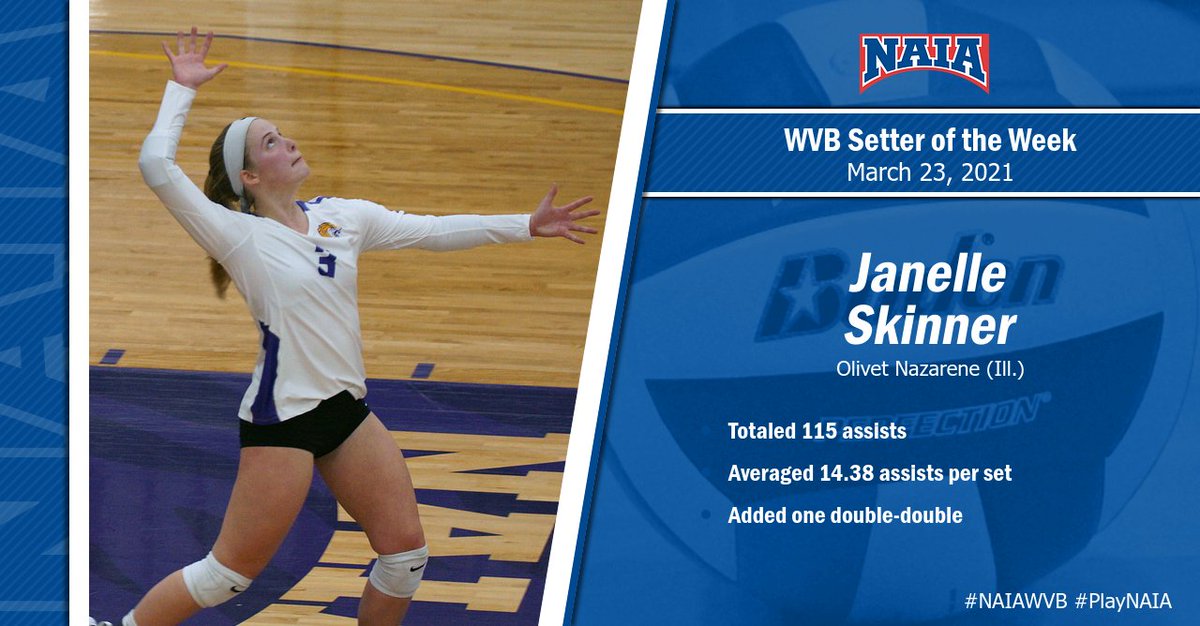 NAIA's tweet photo. W🏐

Janelle Skinner of @ONUAthletics is this week's setter of the week 

#PlayNAIA #collegevolleyball #NAIAWVB https://t.co/bxZxTFpHs4
