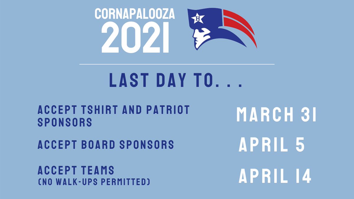 HomewoodAF1's tweet photo. Cornapalooza 2021 is just around the corner, which means these deadlines are fast-approaching. Make sure to sign up in time to sponsor and participate! https://t.co/xsU6oN47Zj

#Homewood #HWDAF #HomewoodAthletics #Cornhole #Cornapalooza #Cornapalooza2021 #BandwagonSports https://t.co/EOnAR35lHi