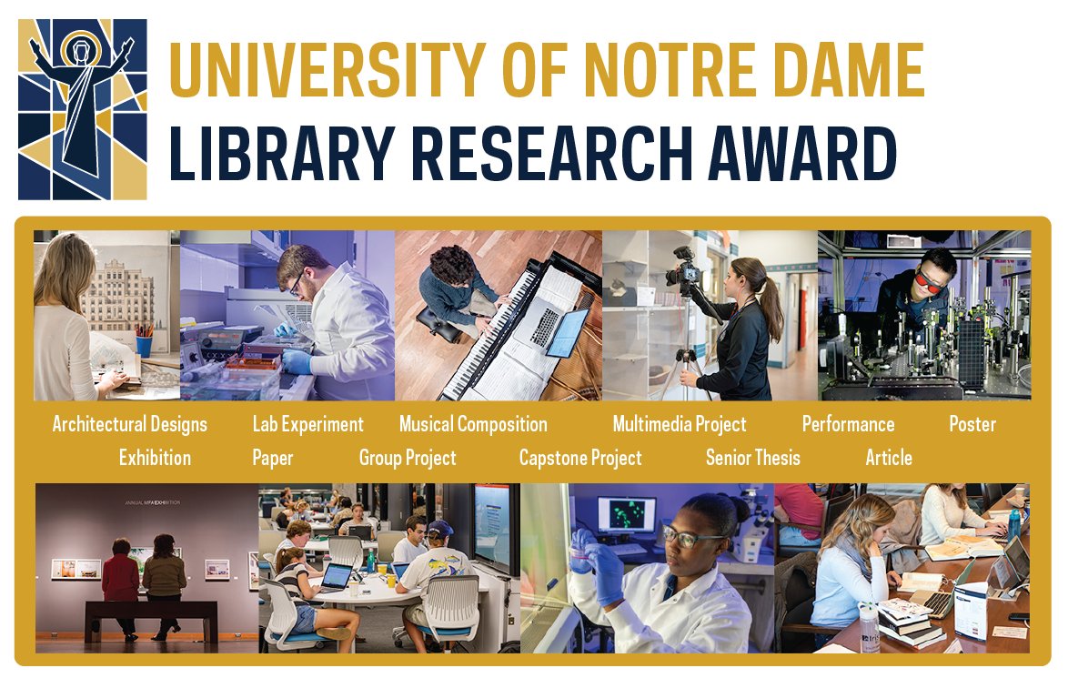 The Hesburgh Libraries invites submissions from undergraduate students for the University of Notre Dame Library Research Award. In 800–1,000 words, tell us how you effectively used library resources for your class assignments. Read more: library.nd.edu/news/accepting…
