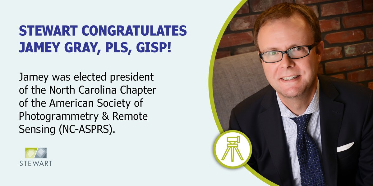 StewartInc's tweet photo. Stewart congratulates Associate Vice President and Director of Geospatial Services, Geomatics, Jamey Gray, PLS, GISP, for being elected president of the North Carolina Chapter of the American Society of Photogrammetry & Remote Sensing. #stewartgeospatial #NationalSurveyorsWeek https://t.co/1G6mLG6Ue9
