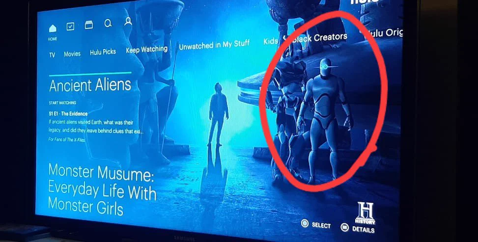 Ancient aliens on Hulu. The splash image of all the aliens and their ships includes the UE4 mannequin with a single glowing blue eye. The mannequin is circled in red