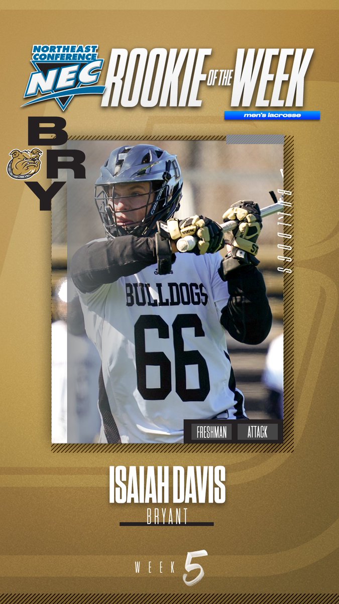 necmlax's tweet photo. 🏅Official #necmlax Rookie of the Week🏅

👉Isaiah Davis, @BryantAthletics 
 
🗒️Davis registered his first career four-goal game in Bryant's 18-5 win over Wagner and also scooped up a ground ball in the victory. https://t.co/d8KAXDgbre