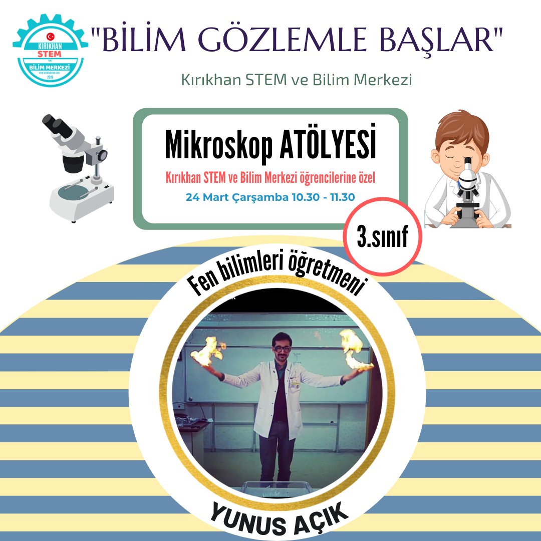 KirikhanSTEM's tweet photo. Fen bilimleri öğretmeni Yunus Açık hocamız yarın merkezimizde eğitim alan 3. Sınıf öğrencilerimizle mikro dünyaya yolculuk yapacak.
Tüm öğretmenlerimizi etkinliklerimizde birlikte çalışmaya davet ediyoruz. #stem #bilimmerkezi #kırıkhan @hataymem @kemalkarahan2 https://t.co/F1yKDZK9Np