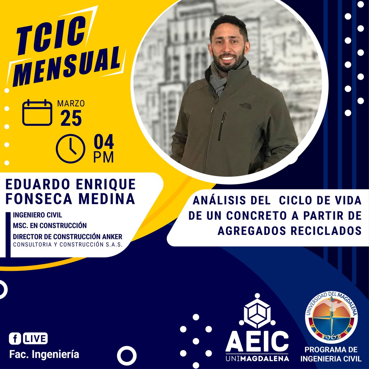 AEIC_Unimag's tweet photo. Apreciados estudiantes, docentes, egresados y público en general.

Extendemos la invitación para nuestra TCIC de marzo. 

🗓 Fecha: 25 de marzo de 2021
⏰ Hora: 4:00 pm - hora de Bogotá.
🌐 Transmisión: FLive Fac. Ingeniería https://t.co/M9gz6dQwLy