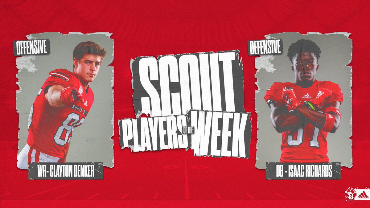 SDCoyotesFB's tweet photo. Shout out📢
Week 4 Scout Team, Players of the Week‼️ 🤟
🔴Defensive Scout POTW: DB, #37 Isaac Richards 🔴Offensive Scout POTW: WR, #85 Clayton Denker
#WeAreSouthDakota | #DevelopCompeteWin https://t.co/PTJij1BtCD