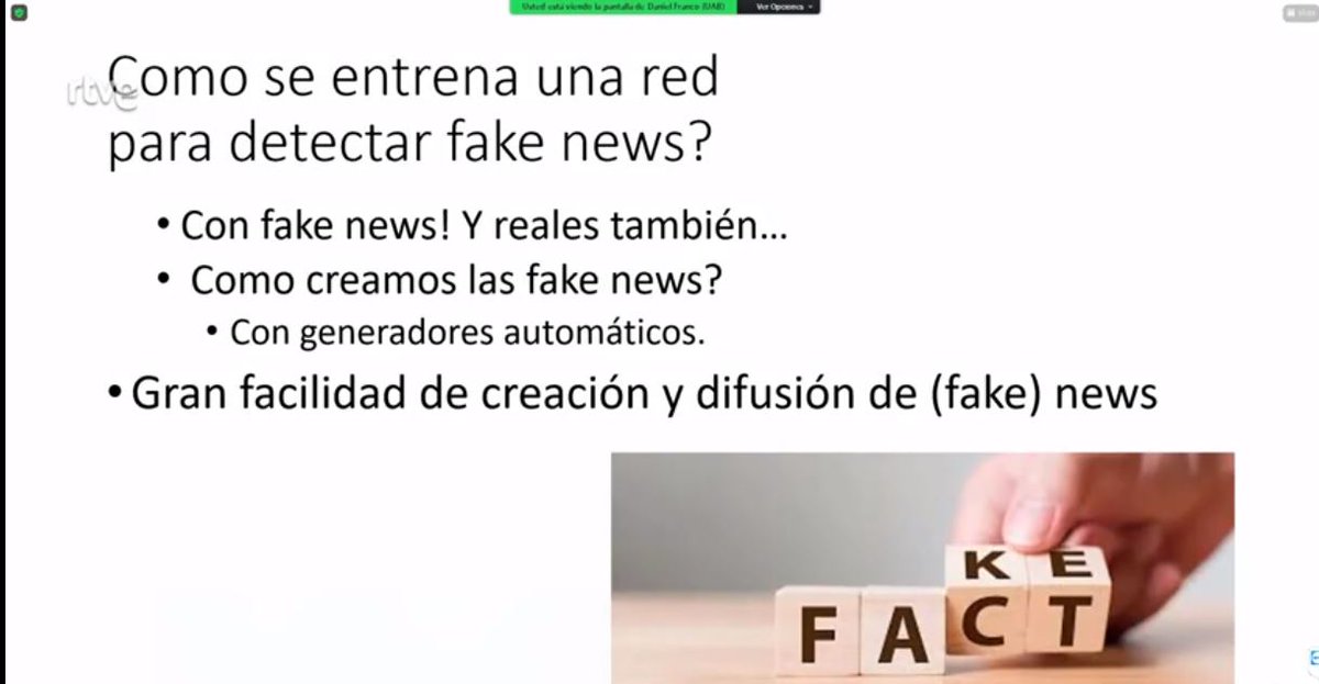oi2rtve's tweet photo. Daniel Franco: "¿Cómo se entrena una red para detectar fake news? Con fake news (y notícias reales también) que creamos con generadores automáticos. Hay una gran facilidad de generación y distribución de noticias falsas"

#ContraDesinformar

https://t.co/BzSkGadpXe https://t.co/vmNoCvDsYs