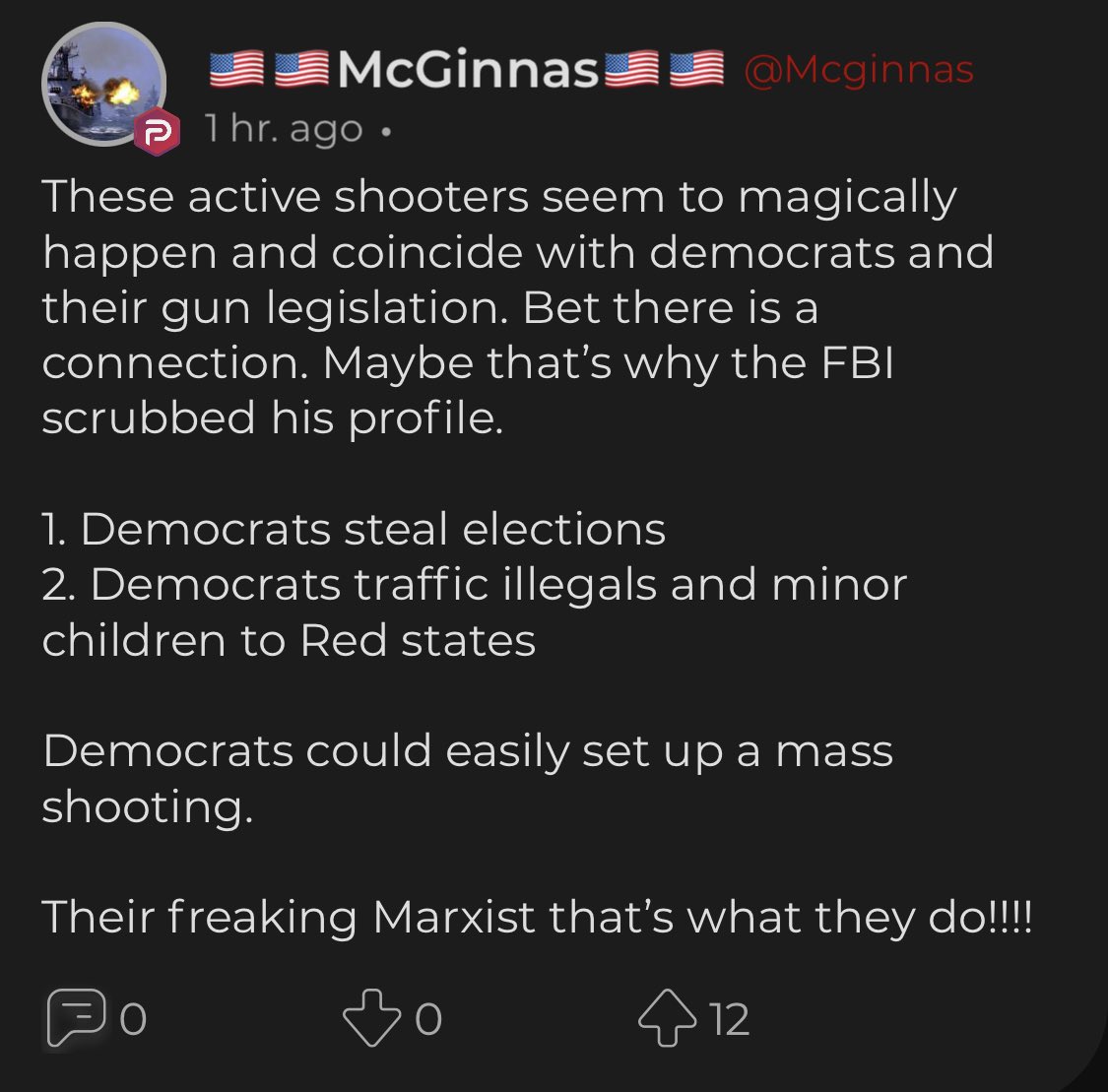OverheardParler's tweet photo. Apparently it’s easier to believe there’s a vast democratic conspiracy to murder their own constituents than that this country has a problem with gun violence.

#GunControl #GunReformNow #Boulder #BoulderColorado #parler https://t.co/ZfI4we2zzx