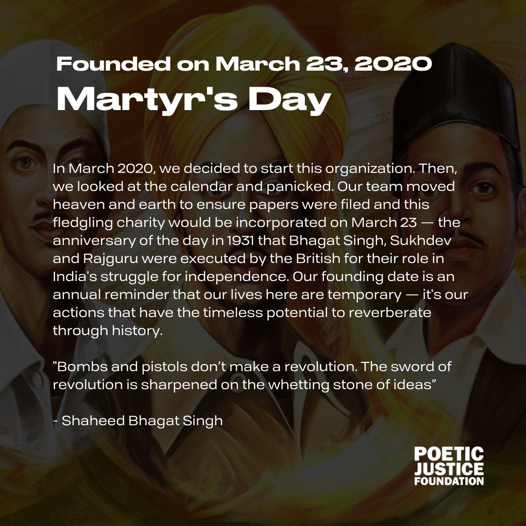 PoeticJFdn's tweet photo. Last year we chose March 23rd as our founding date, as a salute to the revolutionaries that inspire us all — Shaheed #BhagatSingh, Rajguru and Sukhdev, who were executed on this date in 1931 for their role in India’s struggle for independence.

#ShaheedDiwas #MartyrsDay2021 https://t.co/jT3hGMTAu0